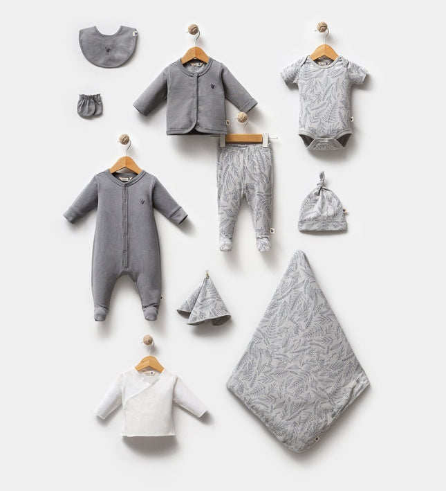 Бебешки комплект за изписване от 10 части органичен памук „Флорал“ - сив