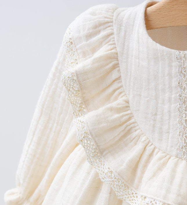 Бебешка муселинова рокля с дълъг ръкав - бежов