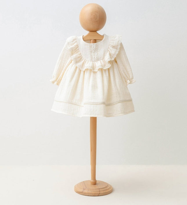 Бебешка муселинова рокля с дълъг ръкав - бежов