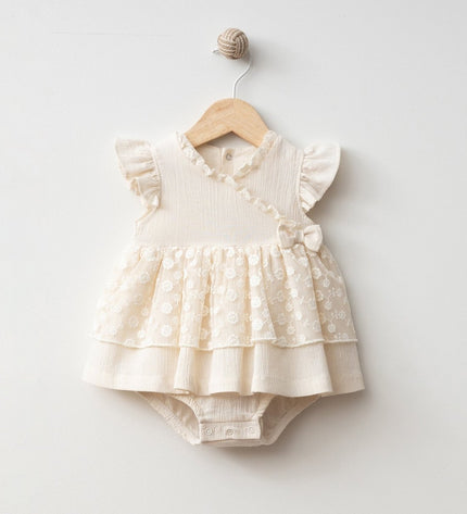 Бебешко боди тип рокля с панделка и точици - бежов