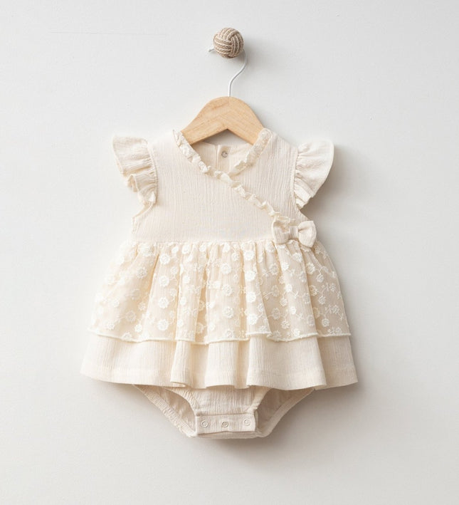 Бебешко боди тип рокля с панделка и точици - бежов