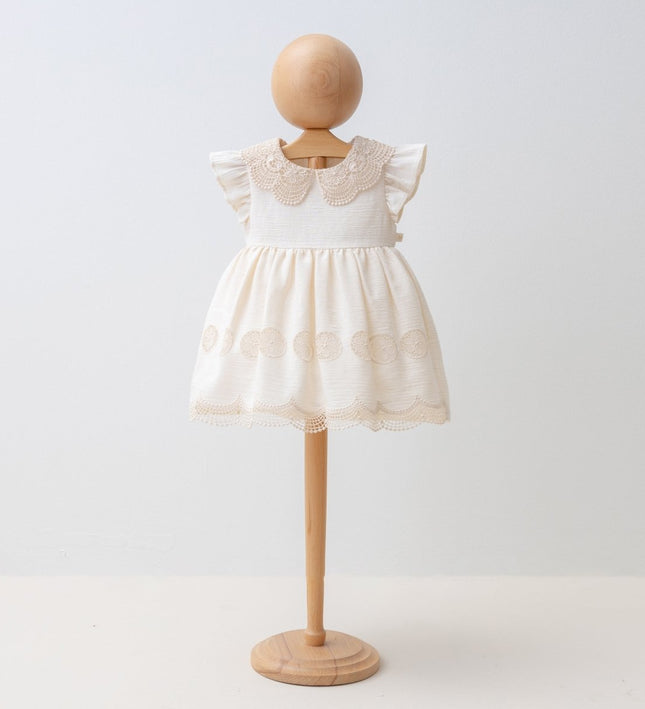 Бебешка рокля с якичка и къси ръкави  - бежов