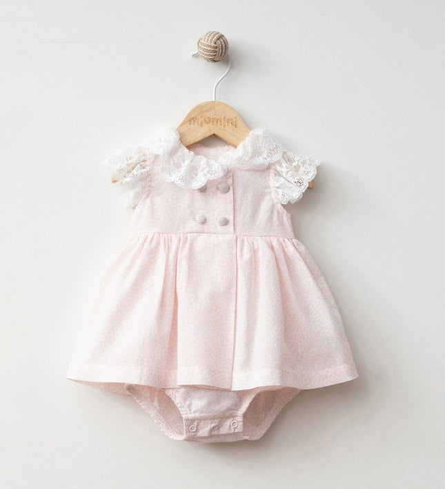 Бебешко боди тип рокля с дантелени ръкави - розов
