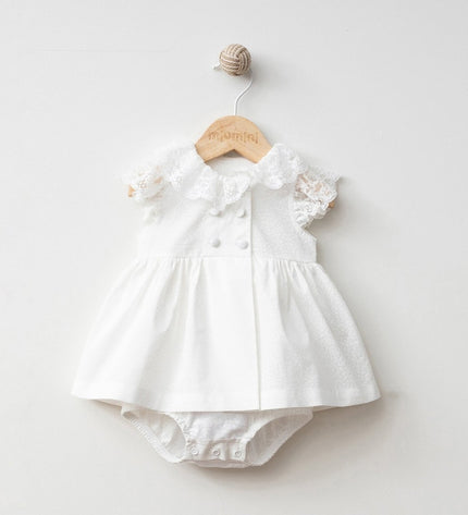 Бебешко боди тип рокля с дантелени ръкави - шампан