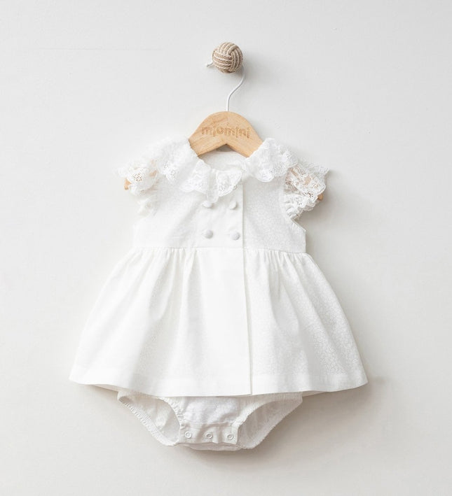 Бебешко боди тип рокля с дантелени ръкави - шампан