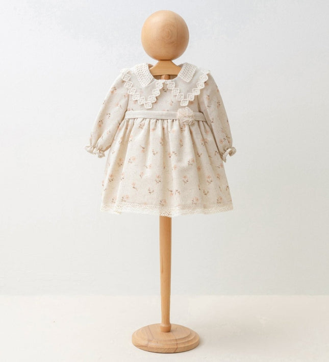 Детска ленена рокля с нежна дантела и якичка - кафяв