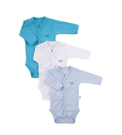 Бебешко боди с предно закопчаване и дълъг ръкав комплект - електриковосин, бял, светлосин