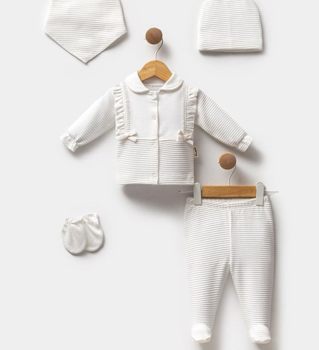 Бебешки комплект с декоративни тиранти от 5 части  - бял