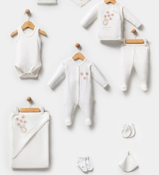 Бебешки комплект за изписване от 10 части, органичен памук - бял корал