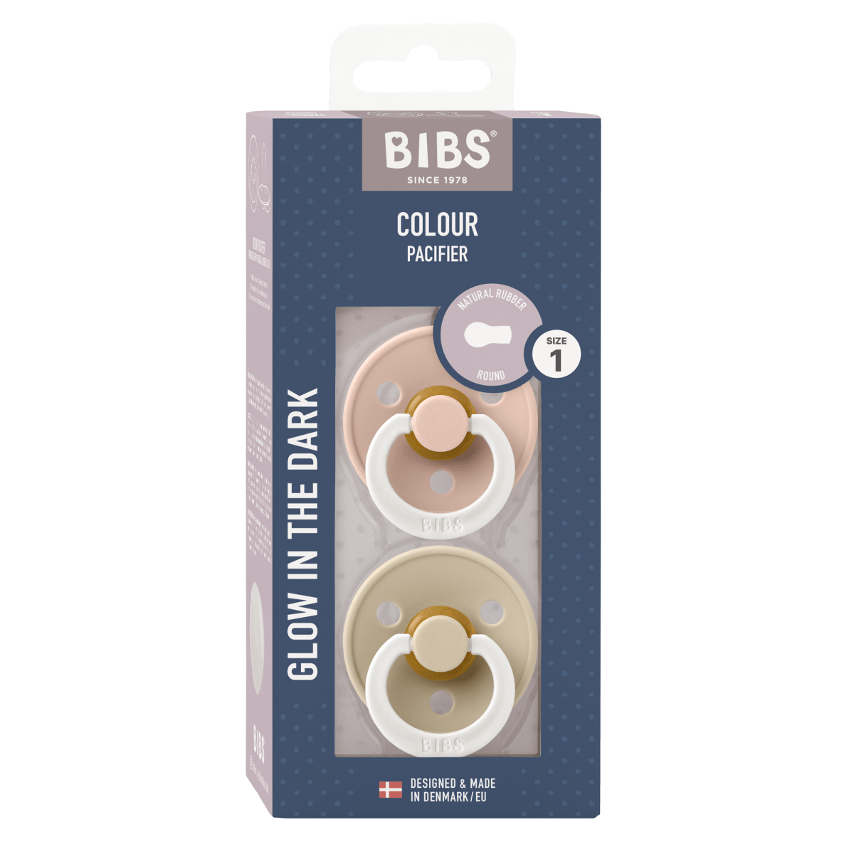 2 бр. Биберони BIBS COLOUR, Blush GLOW/Vanilla GLOW, 0-6 месеца