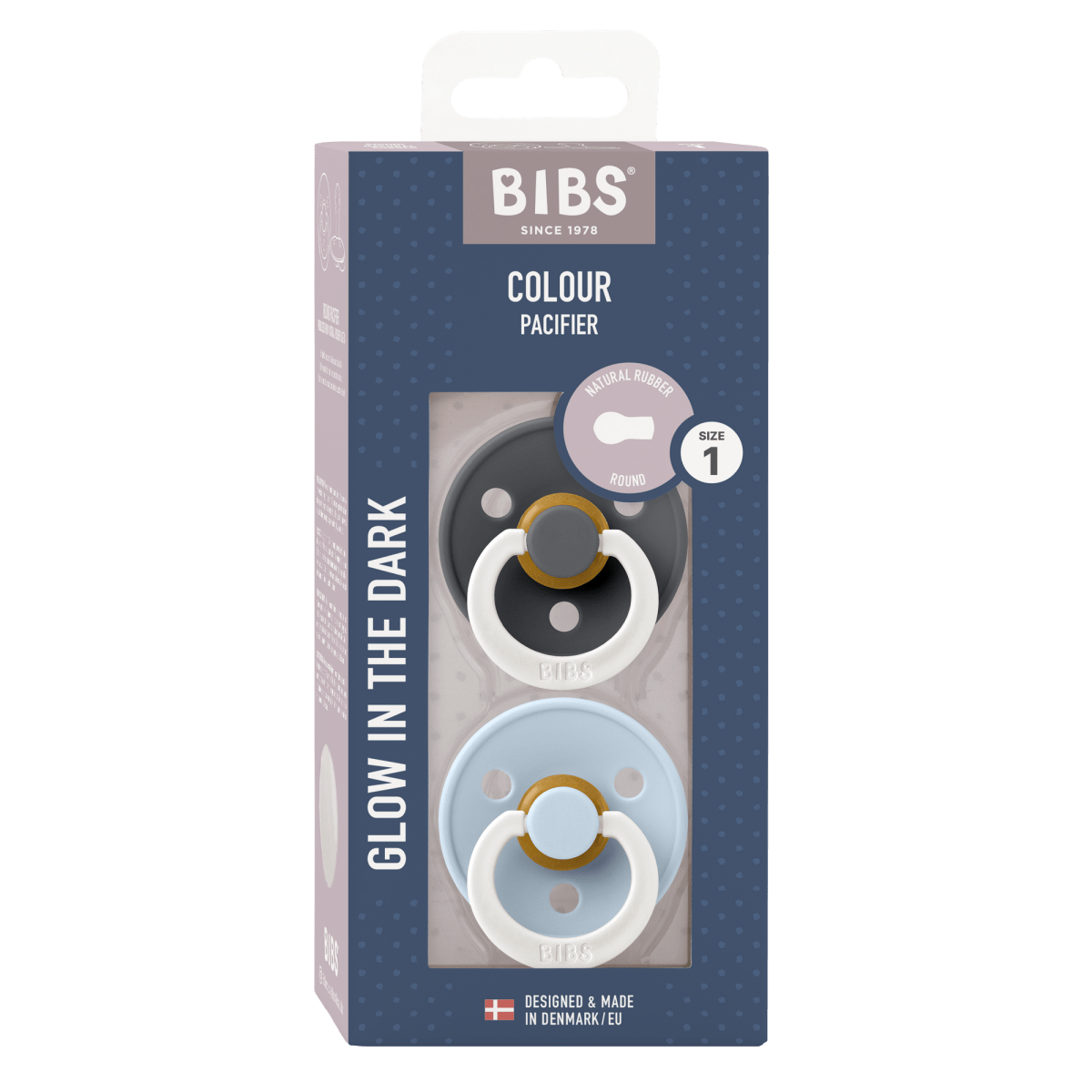 2 бр. Биберони BIBS COLOUR Iron GLOW/Baby Blue GLOW, 6-18 месеца
