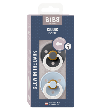 2 бр. Биберони BIBS COLOUR Iron GLOW/Baby Blue GLOW, 6-18 месеца