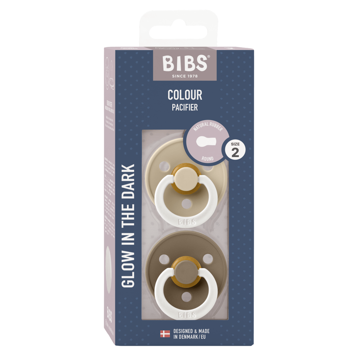 2 бр. Биберони BIBS COLOUR Vanilla GLOW/Dark Oak GLOW 6-18 месеца