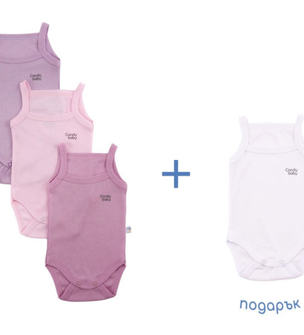 3+1 Бебешко боди с тънка презрамка комплект - лилаво, светлорозово, бледолилаво