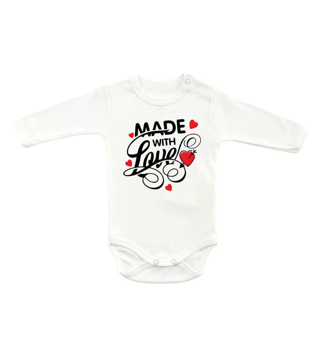 Бебешко боди с раменно закопчаване - „Made with love", шампан