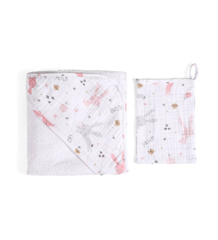 Бебешка памучна хавлия за баня с качулка и памучна ръкавичка комплект „Розово зайче“