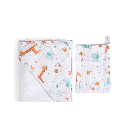 Бебешка памучна хавлия за баня с качулка и памучна ръкавичка комплект „Жирафче и слонче“