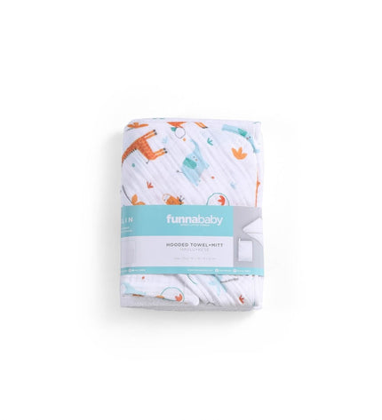 Бебешка памучна хавлия за баня с качулка и памучна ръкавичка комплект „Жирафче и слонче“